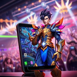 A high-end gaming smartphone designed with a Mobile Legends Bang Bang theme, featuring a realistic looking hero from the game standing prominently beside the phone