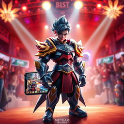 A high-end gaming smartphone designed with a Mobile Legends Bang Bang theme, featuring a realistic looking hero from the game standing prominently beside the phone