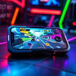 A sleek and futuristic gaming phone, showcasing a vibrant, high-resolution display with vivid colors playing a popular mobile game