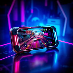 A sleek and futuristic gaming phone, showcasing a vibrant, high-resolution display with vivid colors playing a popular mobile game