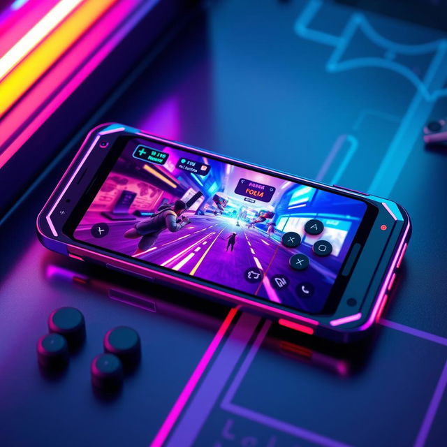 A sleek and futuristic gaming phone, showcasing a vibrant, high-resolution display with vivid colors playing a popular mobile game