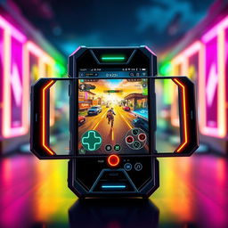 A sleek and futuristic gaming phone, showcasing a vibrant, high-resolution display with vivid colors playing a popular mobile game