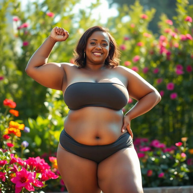 A confident and stunning full-figured woman, striking a powerful pose, showcasing her self-acceptance and beauty