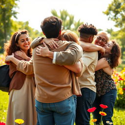 A heartwarming scene depicting people hugging each other in a park