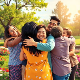 A heartwarming scene depicting people hugging each other in a park