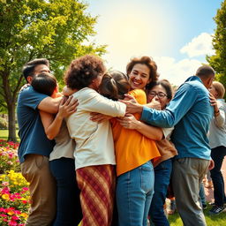 A heartwarming scene depicting people hugging each other in a park