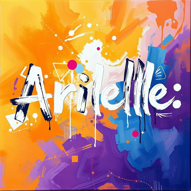 An abstract painting featuring the name 'Arielle' artistically represented, with vibrant colors and fluid shapes