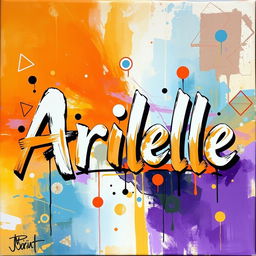 An abstract painting featuring the name 'Arielle' artistically represented, with vibrant colors and fluid shapes