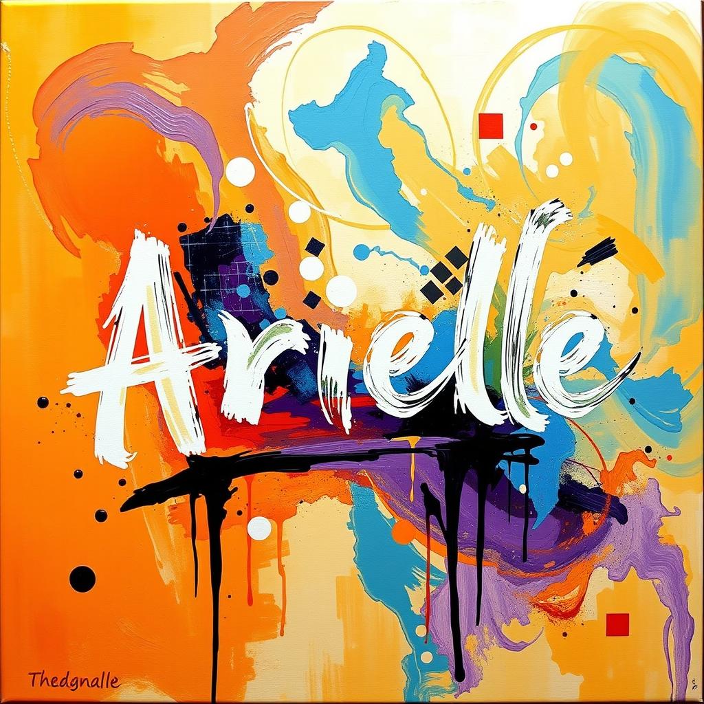An abstract painting featuring the name 'Arielle' artistically represented, with vibrant colors and fluid shapes