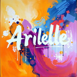 An abstract painting featuring the name 'Arielle' artistically represented, with vibrant colors and fluid shapes