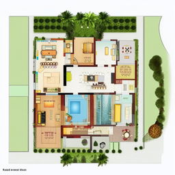 A detailed plan of a three-bedroom house featuring a ground floor with a swimming pool in the bathroom, an open courtyard, a sacred mandir, and a dedicated servant's quarter.