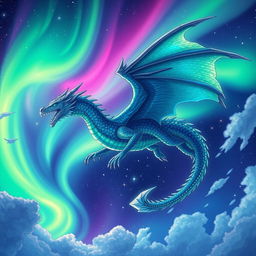 A majestic dragon soaring through the sky, richly drawn in vibrant anime style