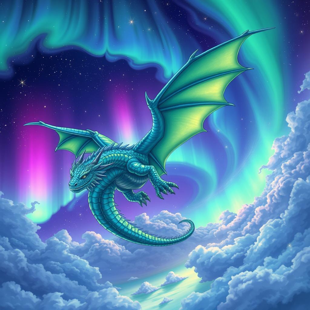 A majestic dragon soaring through the sky, richly drawn in vibrant anime style