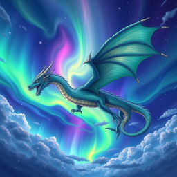 A majestic dragon soaring through the sky, richly drawn in vibrant anime style