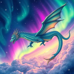 A majestic dragon soaring through the sky, richly drawn in vibrant anime style
