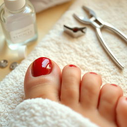 A close-up photograph of a well-groomed toenail with a glossy red polish, resting on a soft white towel