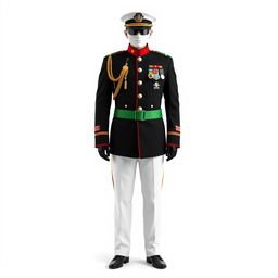 A full-length representation of an officer's uniform composed entirely of red, white, black, and green colors