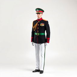 A full-length representation of an officer's uniform composed entirely of red, white, black, and green colors