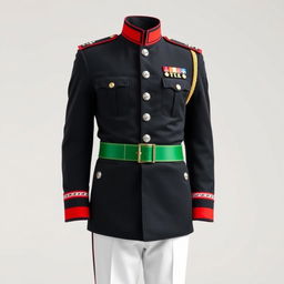 A full-length representation of an officer's uniform composed entirely of red, white, black, and green colors