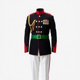 A full-length representation of an officer's uniform composed entirely of red, white, black, and green colors