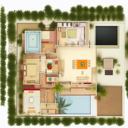 A detailed plan of a three-bedroom house featuring a ground floor with a swimming pool in the bathroom, an open courtyard, a sacred mandir, and a dedicated servant's quarter.