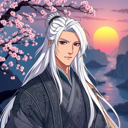 A handsome ancient Chinese man with long, flowing white hair and a cool demeanor, depicted in an anime style