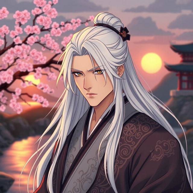 A handsome ancient Chinese man with long, flowing white hair and a cool demeanor, depicted in an anime style