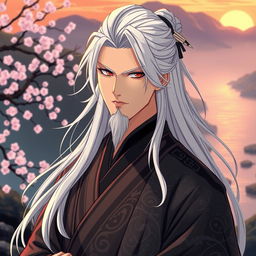 A handsome ancient Chinese man with long, flowing white hair and a cool demeanor, depicted in an anime style