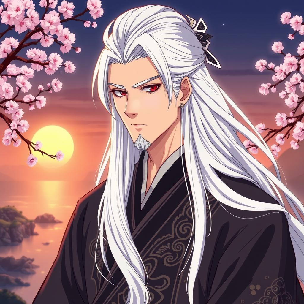 A handsome ancient Chinese man with long, flowing white hair and a cool demeanor, depicted in an anime style