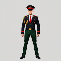A full-body depiction of a military officer uniform incorporating the colors black, red, green, and white