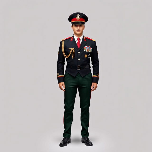 A full-body depiction of a military officer uniform incorporating the colors black, red, green, and white