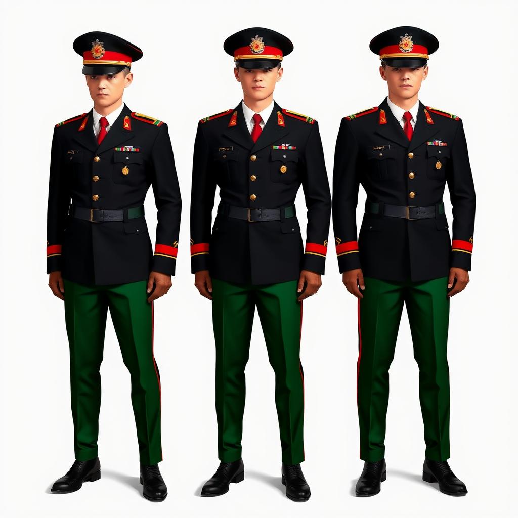 A full-body depiction of a military officer uniform incorporating the colors black, red, green, and white