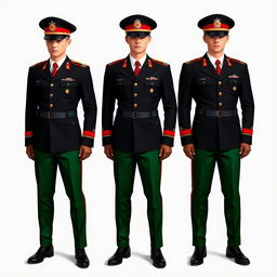 A full-body depiction of a military officer uniform incorporating the colors black, red, green, and white