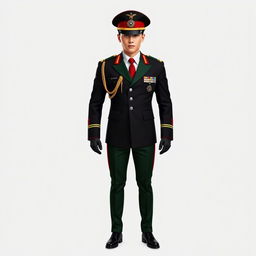 A full-body depiction of a military officer uniform incorporating the colors black, red, green, and white