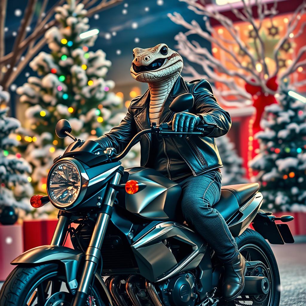 A surreal and imaginative scene featuring a man with a rattlesnake head confidently riding a sleek motorbike