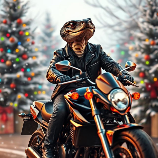 A surreal and imaginative scene featuring a man with a rattlesnake head confidently riding a sleek motorbike