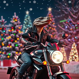 A surreal and imaginative scene featuring a man with a rattlesnake head confidently riding a sleek motorbike