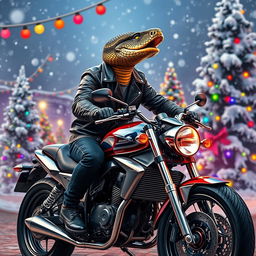 A surreal and imaginative scene featuring a man with a rattlesnake head confidently riding a sleek motorbike
