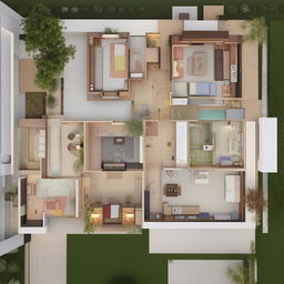 A detailed plan of a three-bedroom house featuring a ground floor with a swimming pool in the bathroom, an open courtyard, a sacred mandir, and a dedicated servant's quarter.