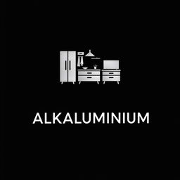 A sleek and modern logo design for 'ALKALUMINIUM', featuring a minimalist icon that creatively combines a wardrobe, kitchen set, and dressing table into one cohesive symbol