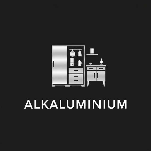 A sleek and modern logo design for 'ALKALUMINIUM', featuring a minimalist icon that creatively combines a wardrobe, kitchen set, and dressing table into one cohesive symbol