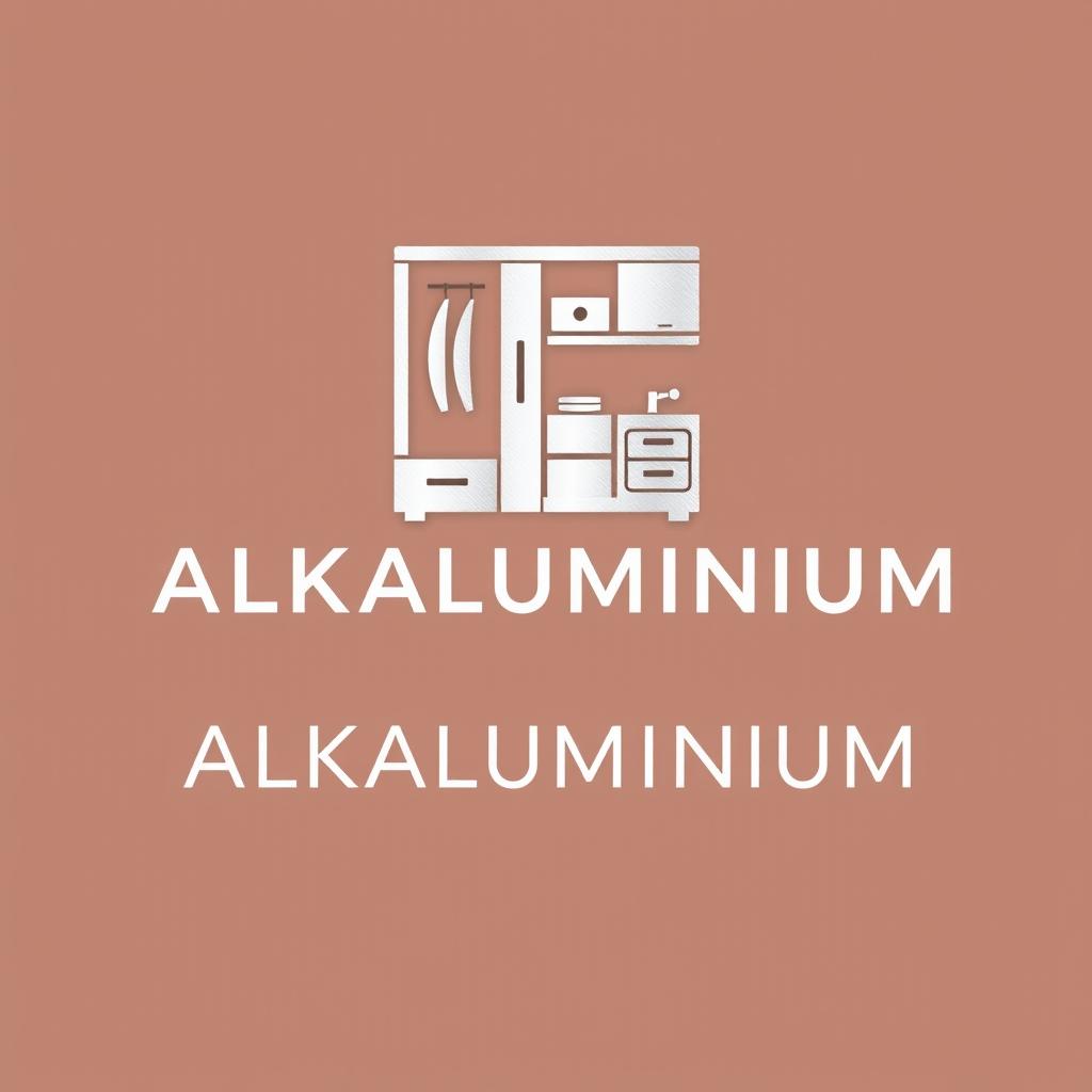 A sleek and modern logo design for 'ALKALUMINIUM', featuring a minimalist icon that creatively combines a wardrobe, kitchen set, and dressing table into one cohesive symbol