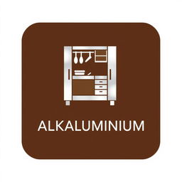 A sleek and modern logo design for 'ALKALUMINIUM', featuring a minimalist icon that creatively combines a wardrobe, kitchen set, and dressing table into one cohesive symbol