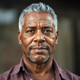 A portrait of a 50-year-old stocky black man with gray hair, showcasing his confident expression and wise demeanor