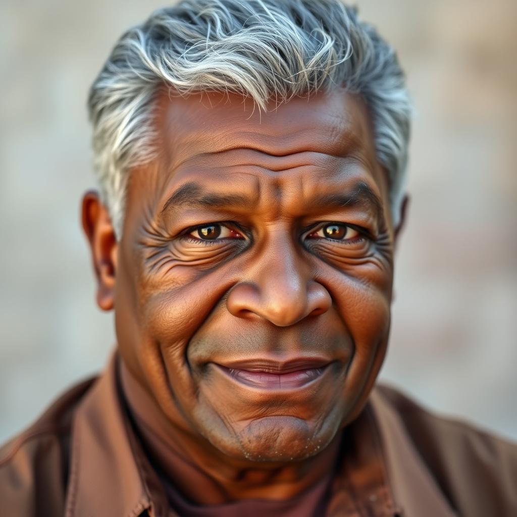 A portrait of a 50-year-old stocky black man with gray hair, showcasing his confident expression and wise demeanor