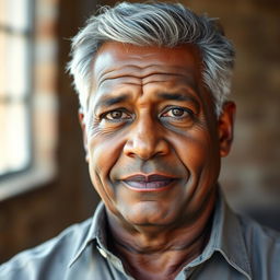 A portrait of a 50-year-old stocky black man with gray hair, showcasing his confident expression and wise demeanor