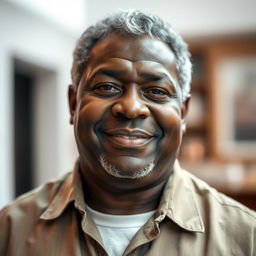 A portrait of a 50-year-old black man with a stocky build, showcasing his gray hair