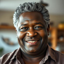 A portrait of a 50-year-old black man with a stocky build, showcasing his gray hair