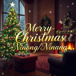 A festive Christmas scene featuring a beautifully decorated living room with a large Christmas tree adorned with twinkling lights, colorful ornaments, and a shining star on top