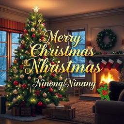 A festive Christmas scene featuring a beautifully decorated living room with a large Christmas tree adorned with twinkling lights, colorful ornaments, and a shining star on top
